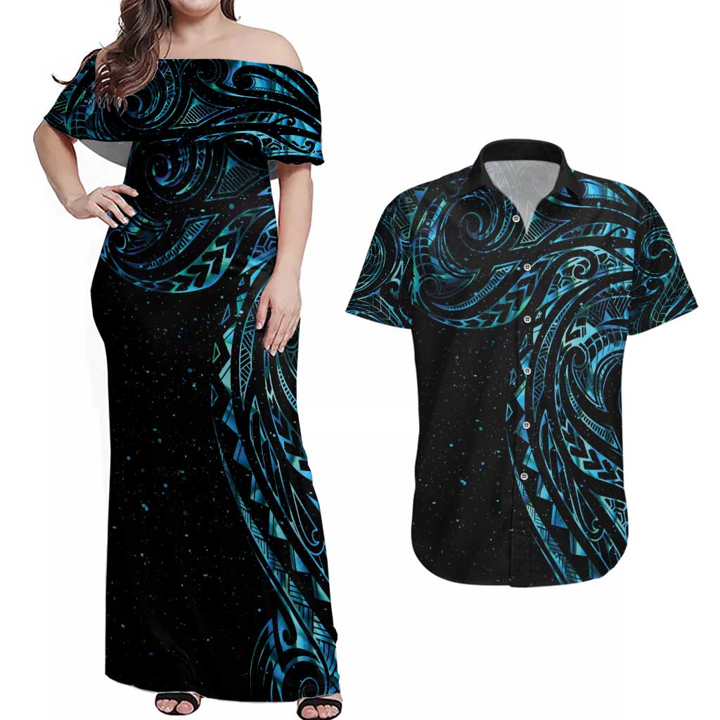 New Zealand Tribal Tattoo Couples Matching Off Shoulder Maxi Dress and Hawaiian Shirt With Matariki Art LT9 Galaxy - Polynesian Pride