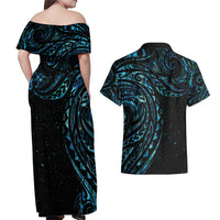 New Zealand Tribal Tattoo Couples Matching Off Shoulder Maxi Dress and Hawaiian Shirt With Matariki Art LT9 - Polynesian Pride