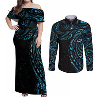 New Zealand Tribal Tattoo Couples Matching Off Shoulder Maxi Dress and Long Sleeve Button Shirt With Matariki Art