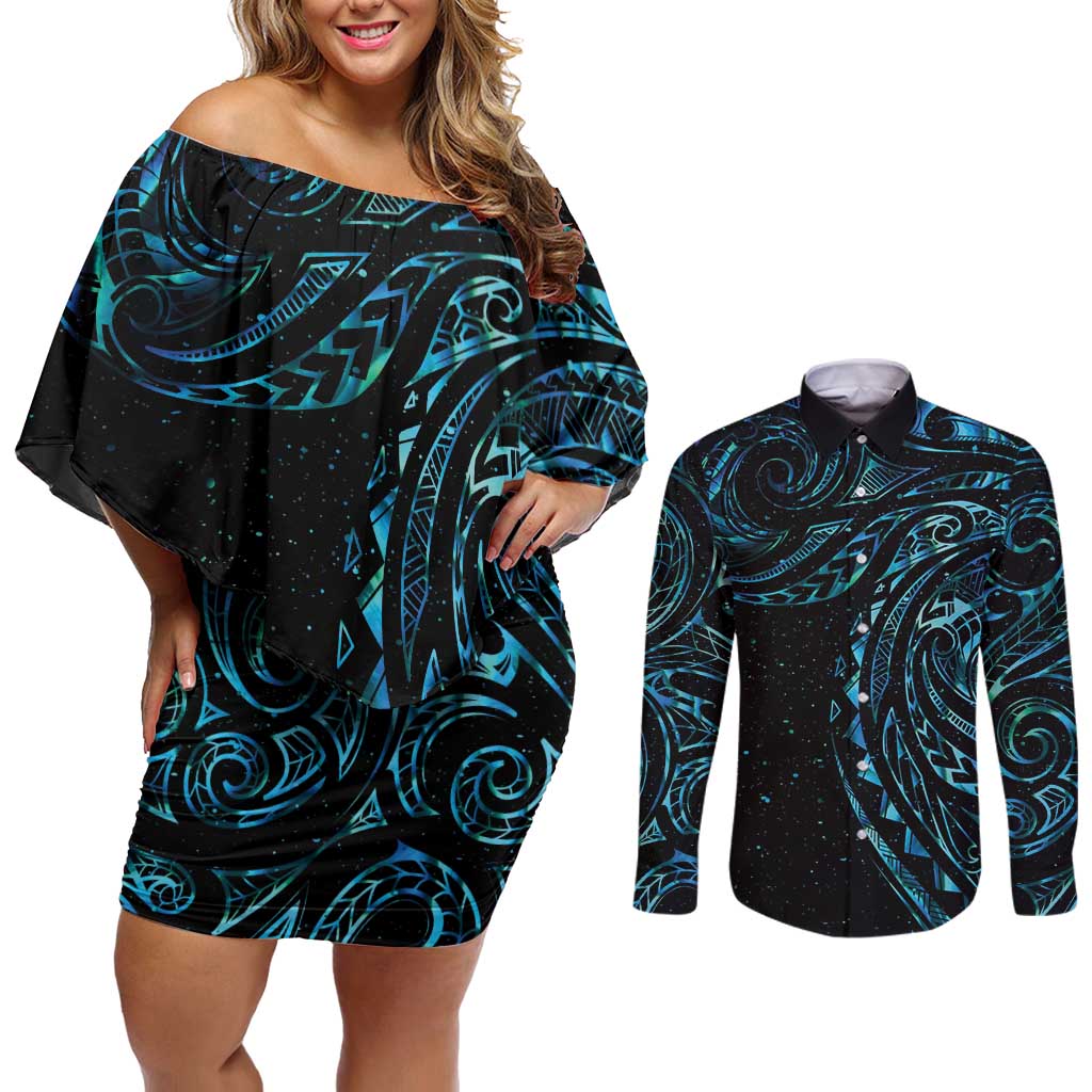 New Zealand Tribal Tattoo Couples Matching Off Shoulder Short Dress and Long Sleeve Button Shirt With Matariki Art LT9 Galaxy - Polynesian Pride