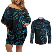 New Zealand Tribal Tattoo Couples Matching Off Shoulder Short Dress and Long Sleeve Button Shirt With Matariki Art LT9 Galaxy - Polynesian Pride