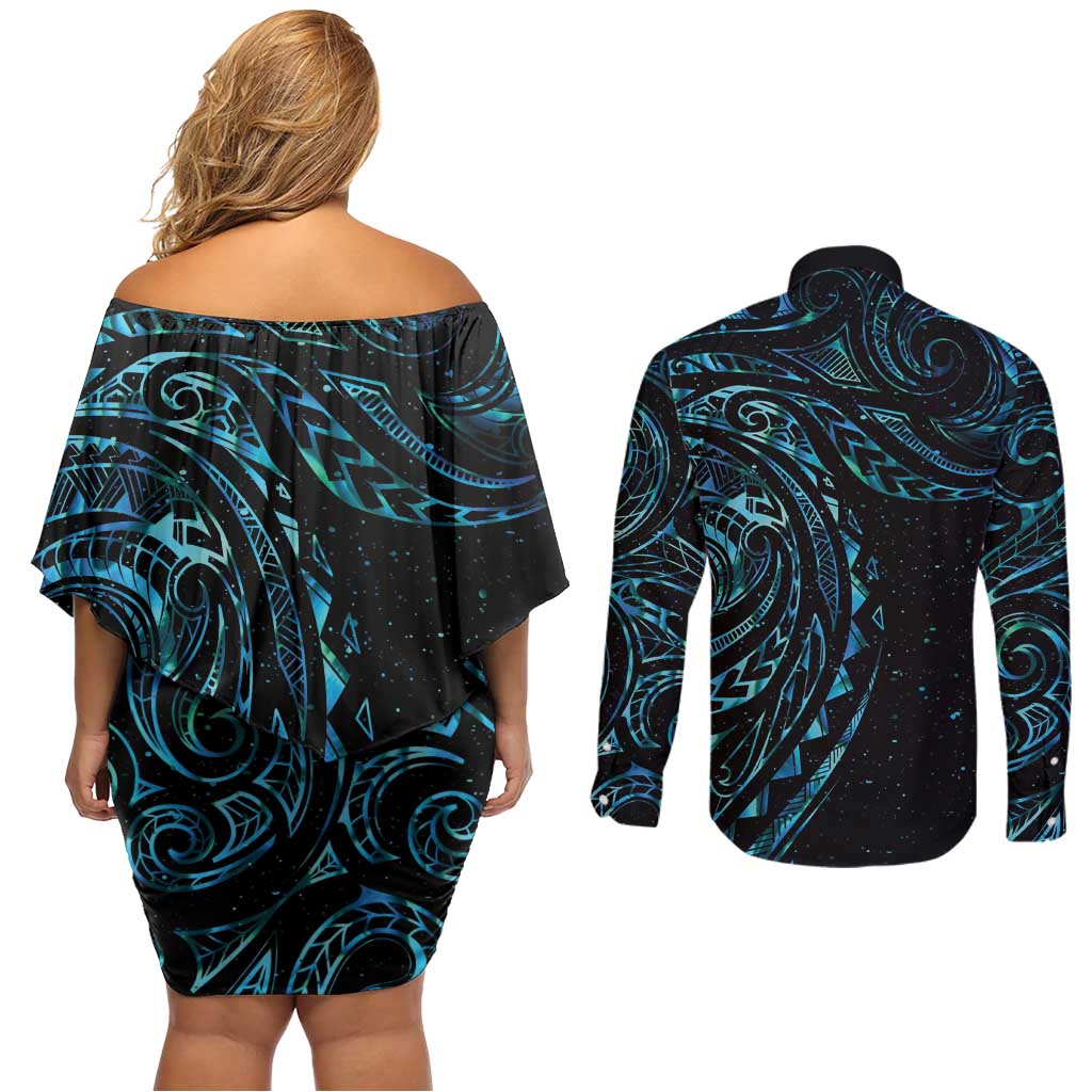 New Zealand Tribal Tattoo Couples Matching Off Shoulder Short Dress and Long Sleeve Button Shirt With Matariki Art LT9 - Polynesian Pride