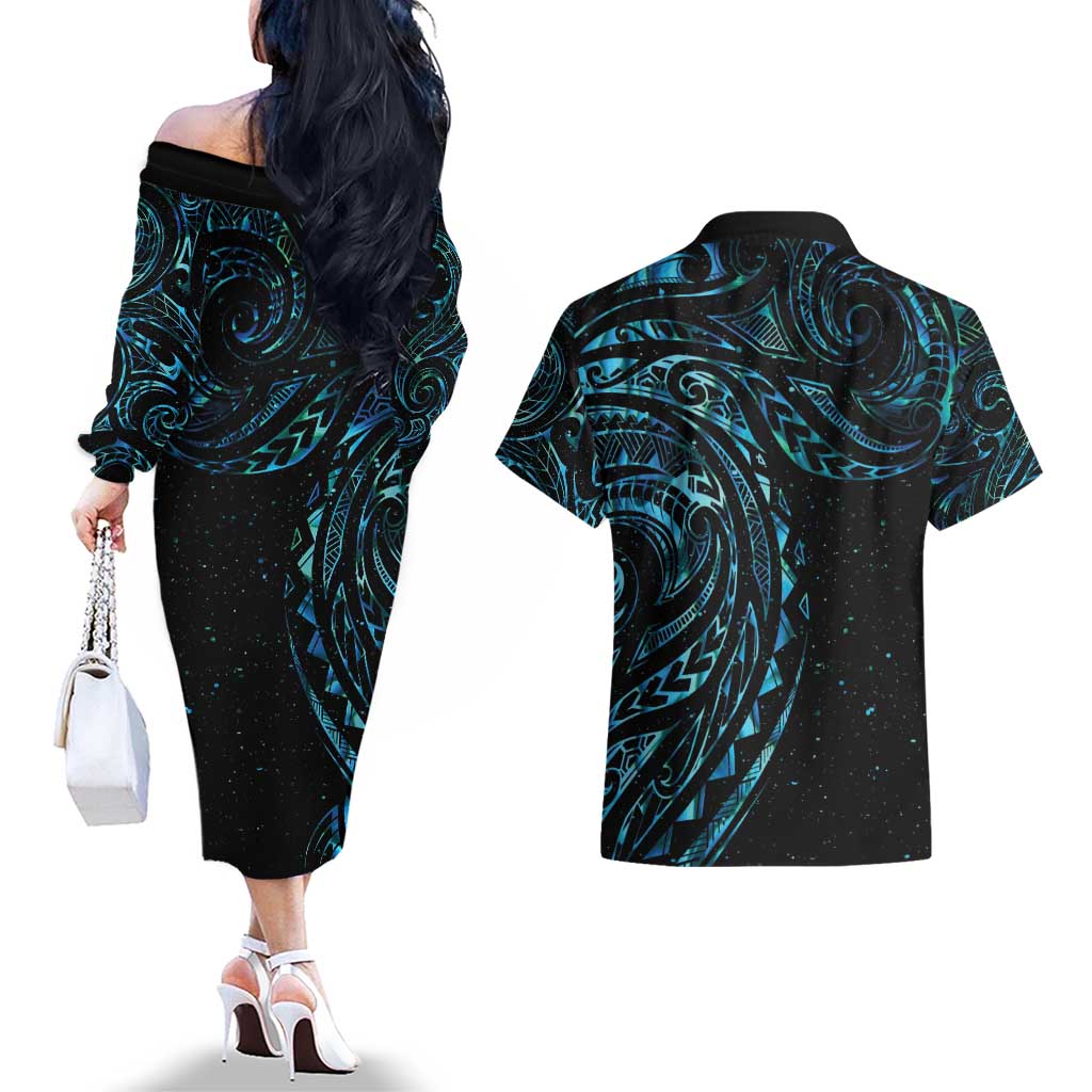 New Zealand Tribal Tattoo Couples Matching Off The Shoulder Long Sleeve Dress and Hawaiian Shirt With Matariki Art LT9 - Polynesian Pride