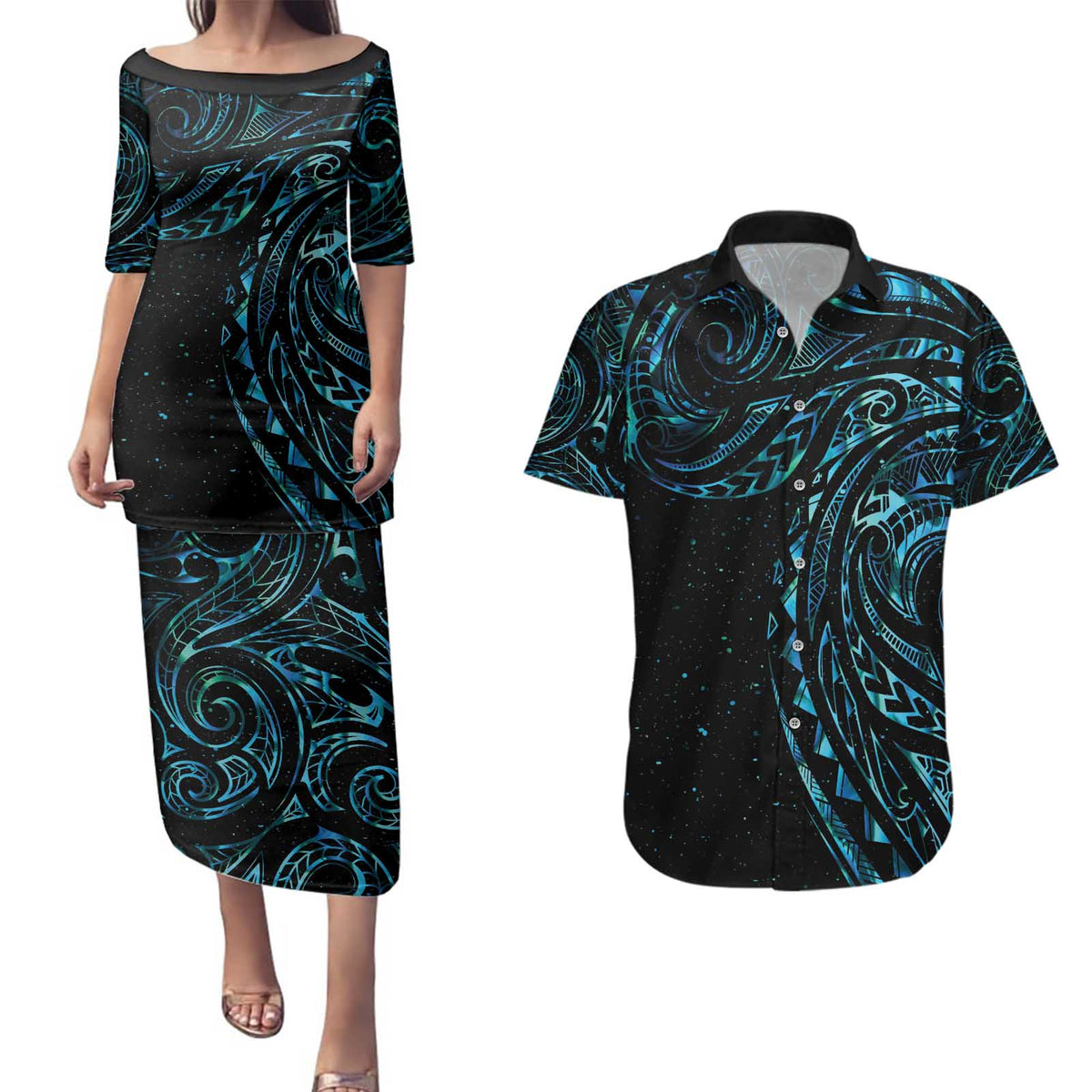 New Zealand Tribal Tattoo Couples Matching Puletasi and Hawaiian Shirt With Matariki Art LT9 Galaxy - Polynesian Pride