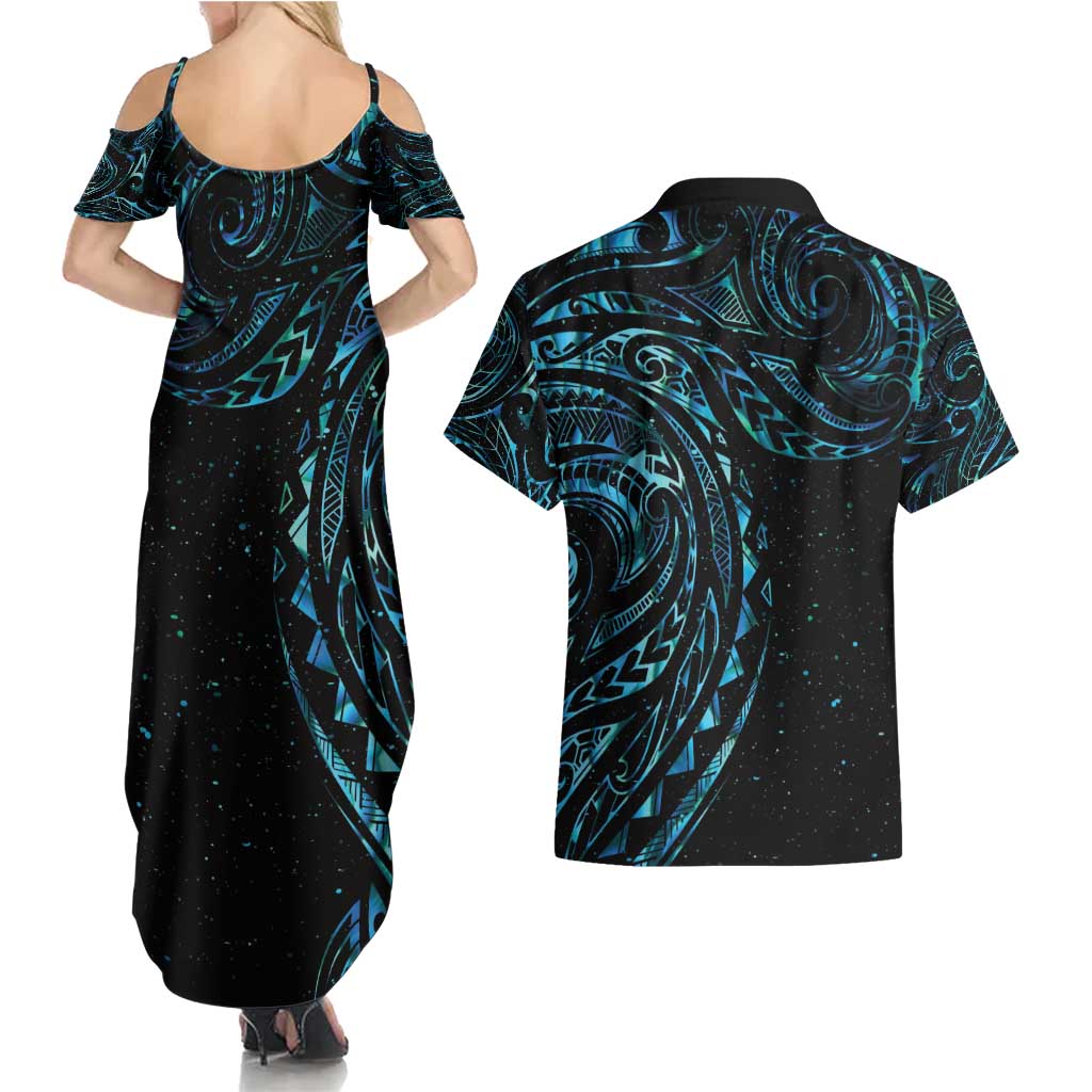 New Zealand Tribal Tattoo Couples Matching Summer Maxi Dress and Hawaiian Shirt With Matariki Art LT9 - Polynesian Pride