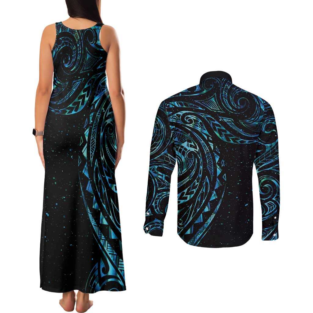New Zealand Tribal Tattoo Couples Matching Tank Maxi Dress and Long Sleeve Button Shirt With Matariki Art LT9 - Polynesian Pride