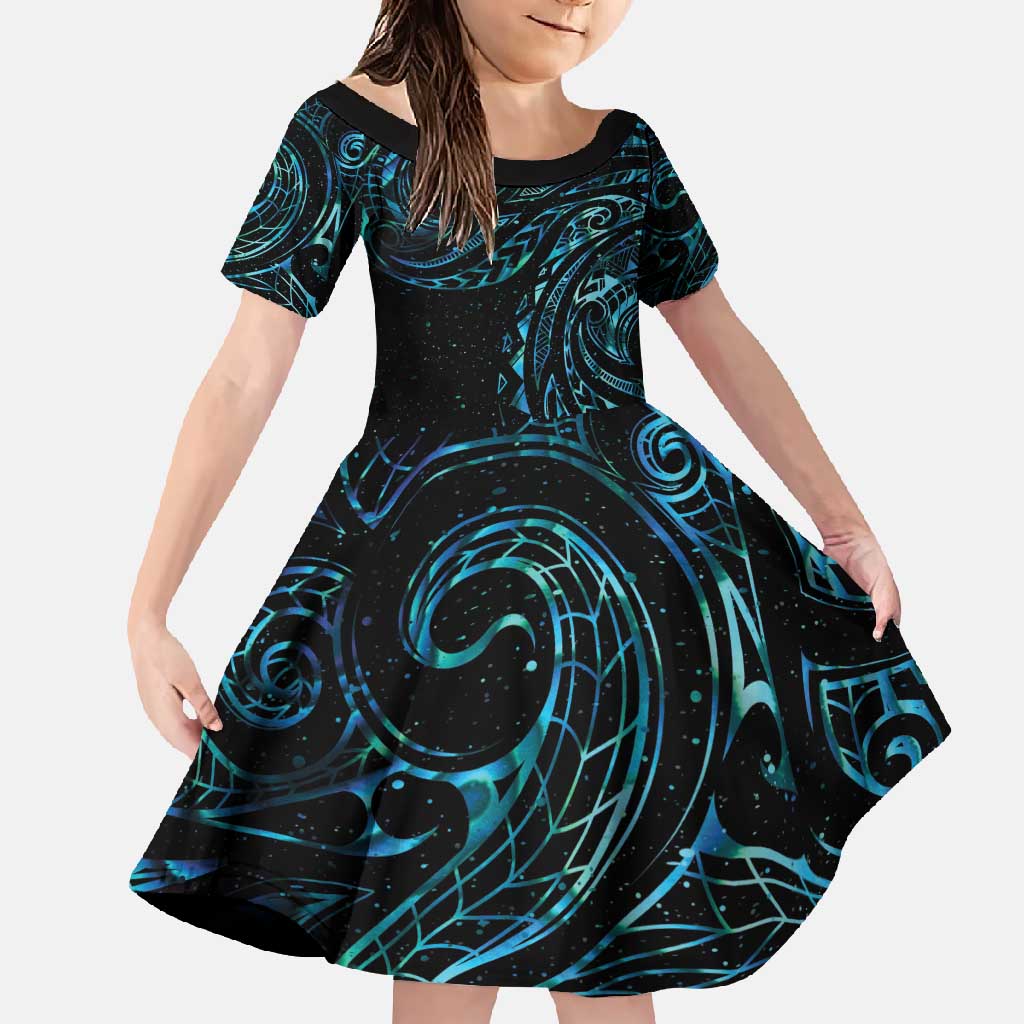 New Zealand Tribal Tattoo Family Matching Long Sleeve Bodycon Dress and Hawaiian Shirt With Matariki Art LT9 Daughter's Dress Galaxy - Polynesian Pride