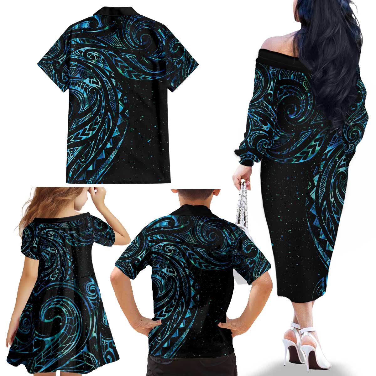 New Zealand Tribal Tattoo Family Matching Off The Shoulder Long Sleeve Dress and Hawaiian Shirt With Matariki Art LT9 - Polynesian Pride