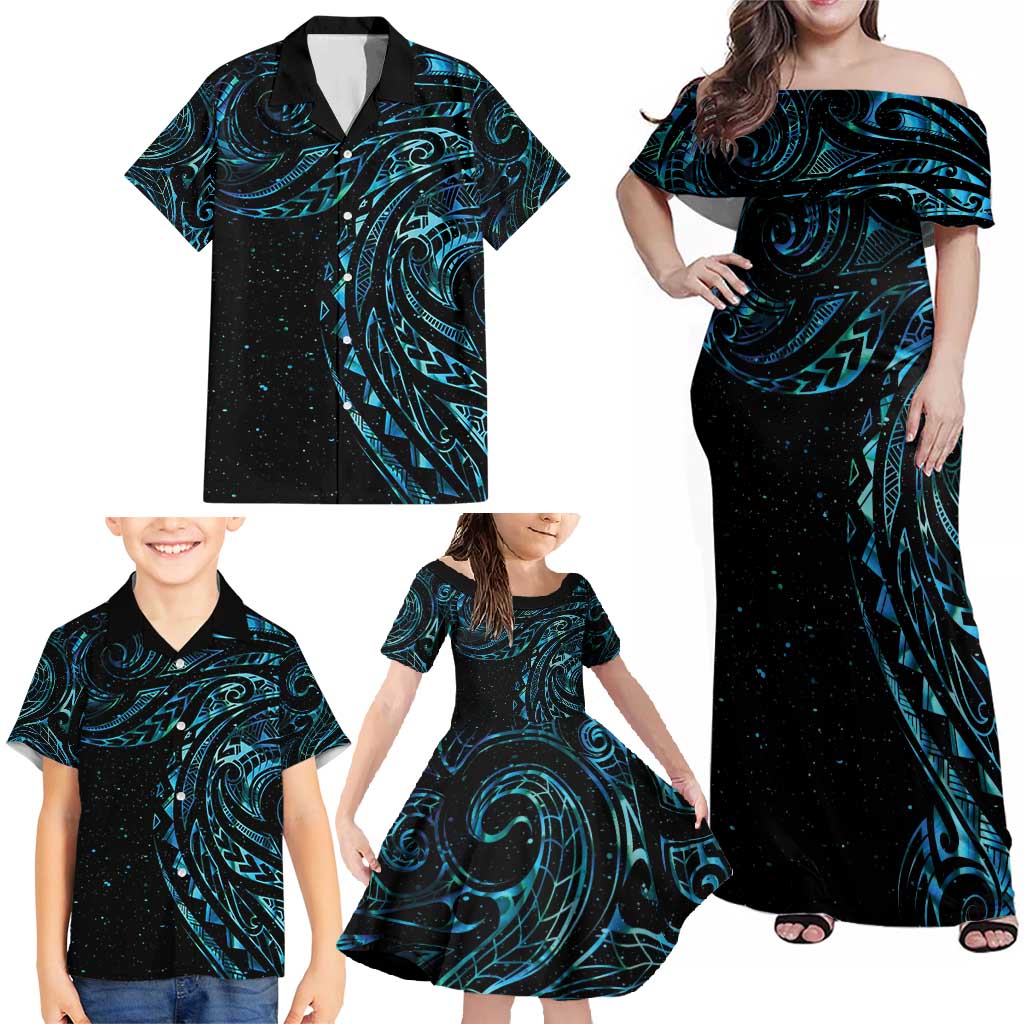 New Zealand Tribal Tattoo Family Matching Off Shoulder Maxi Dress and Hawaiian Shirt With Matariki Art LT9 - Polynesian Pride