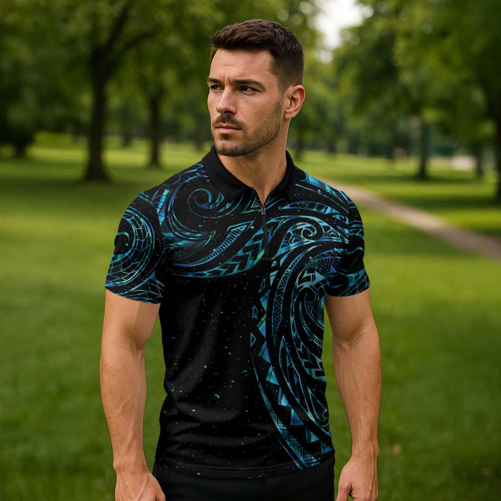 New Zealand Matariki Zipper Polo Shirt Galaxy Maori Tribal Tattoo - Polynesian Pride