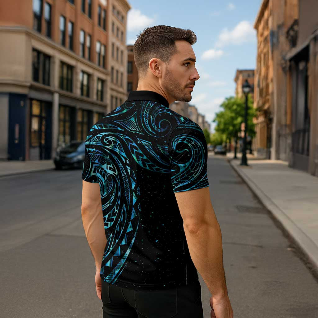 New Zealand Matariki Zipper Polo Shirt Galaxy Maori Tribal Tattoo - Polynesian Pride