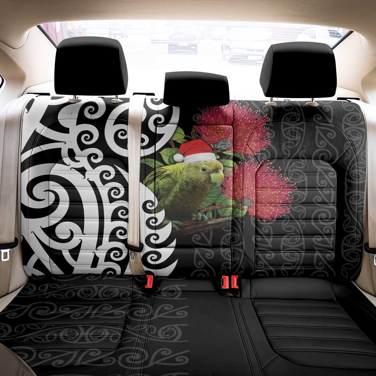 New Zealand Kakapo Christmas Back Car Seat Cover Meri Kirihimete Pohutukawa Flowers LT9 - Polynesian Pride