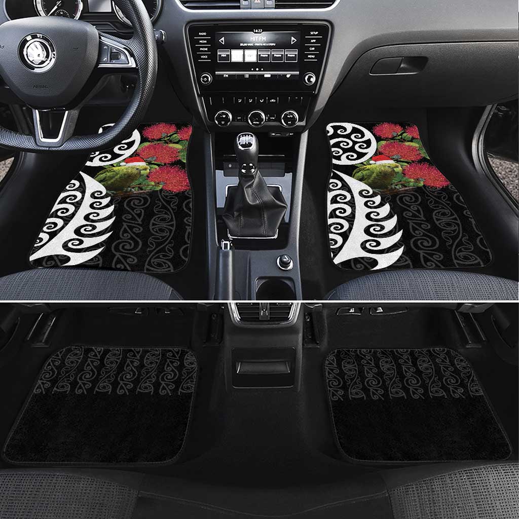 New Zealand Kakapo Christmas Car Mats Meri Kirihimete Pohutukawa Flowers LT9 Set 4pcs Black - Polynesian Pride