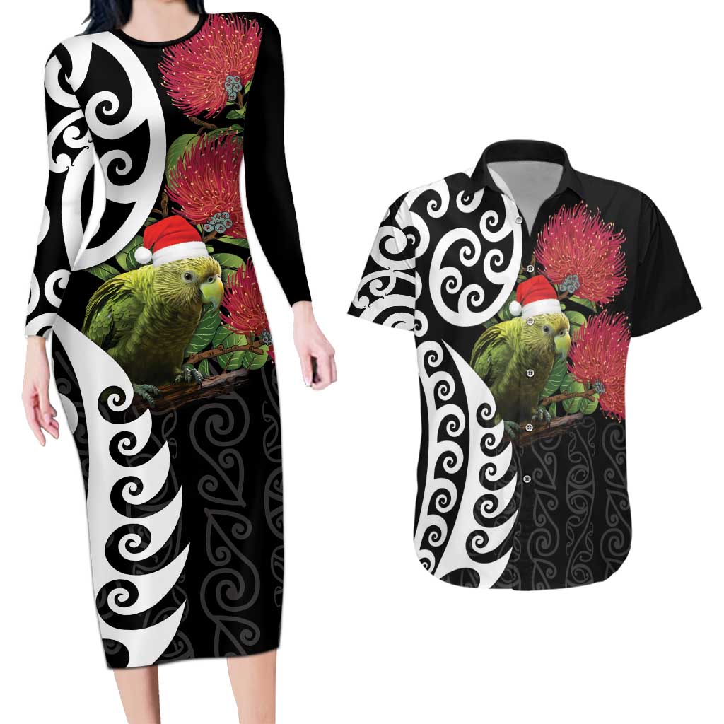 New Zealand Kakapo Christmas Couples Matching Long Sleeve Bodycon Dress and Hawaiian Shirt Meri Kirihimete Pohutukawa Flowers LT9 Black - Polynesian Pride