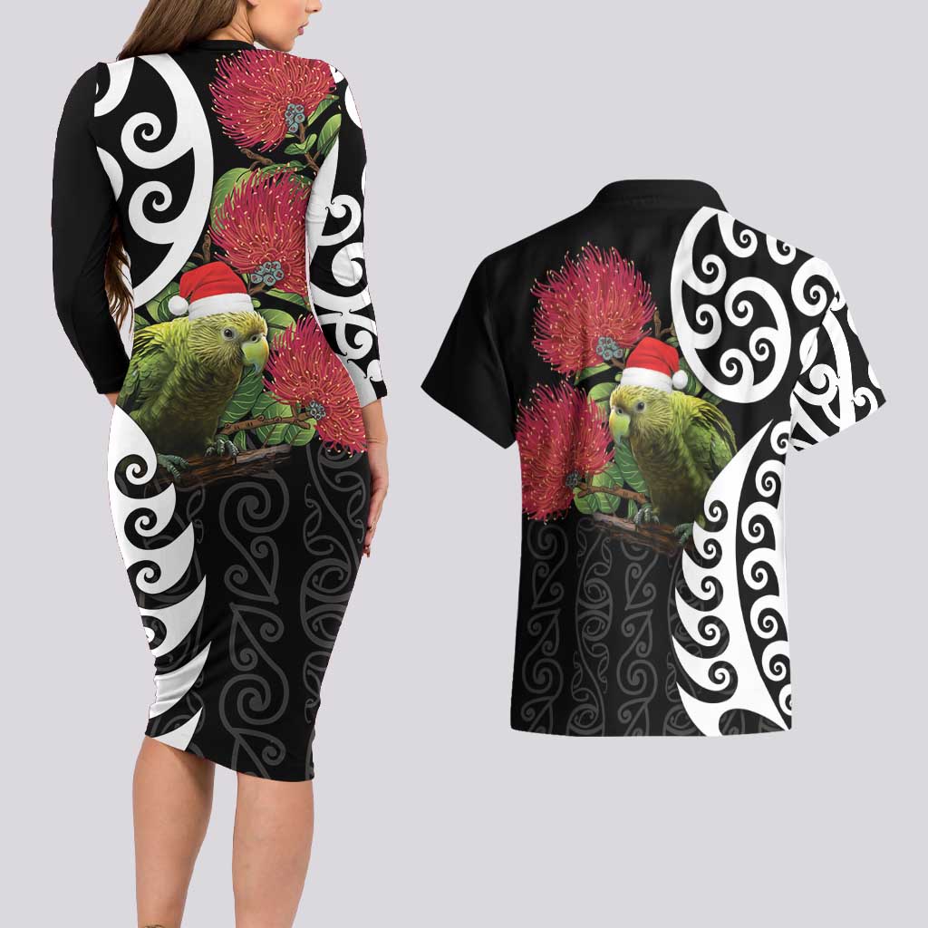 New Zealand Kakapo Christmas Couples Matching Long Sleeve Bodycon Dress and Hawaiian Shirt Meri Kirihimete Pohutukawa Flowers LT9 - Polynesian Pride
