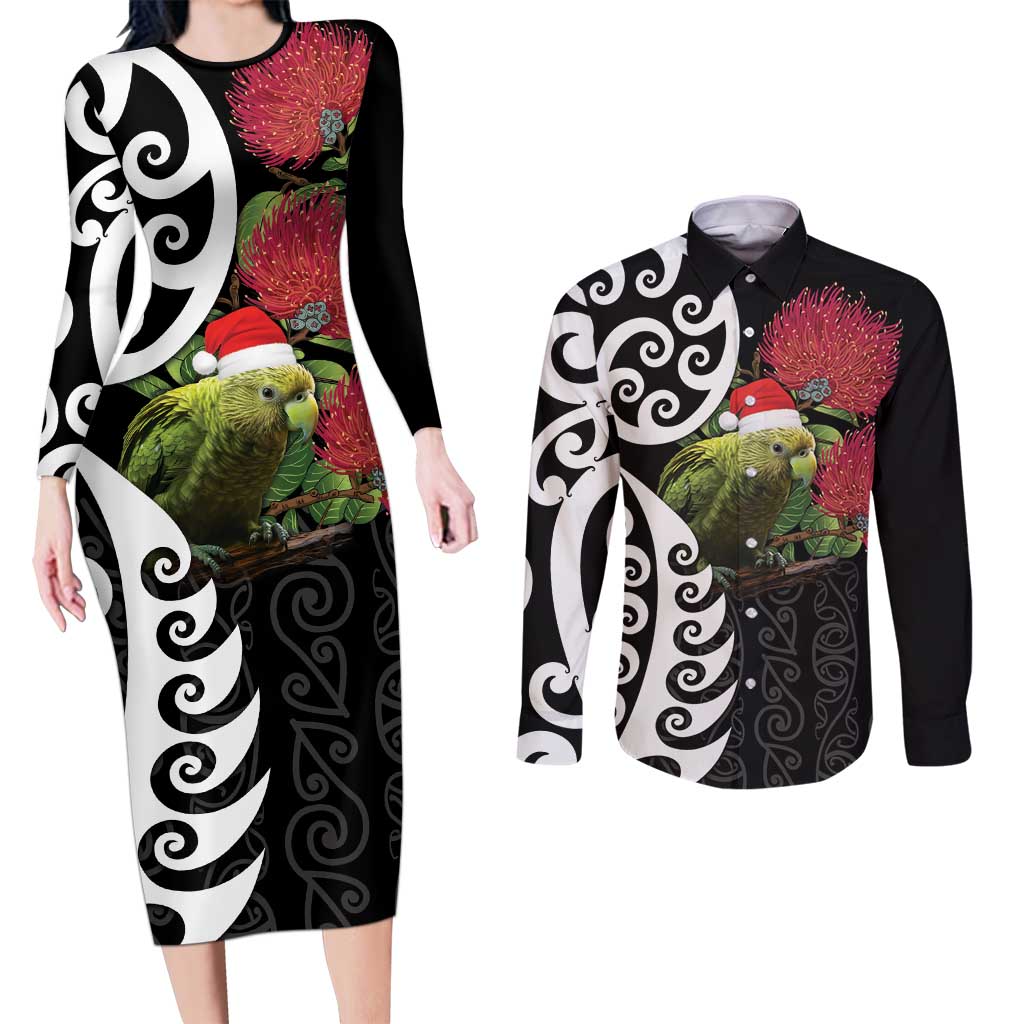New Zealand Kakapo Christmas Couples Matching Long Sleeve Bodycon Dress and Long Sleeve Button Shirt Meri Kirihimete Pohutukawa Flowers LT9 Black - Polynesian Pride