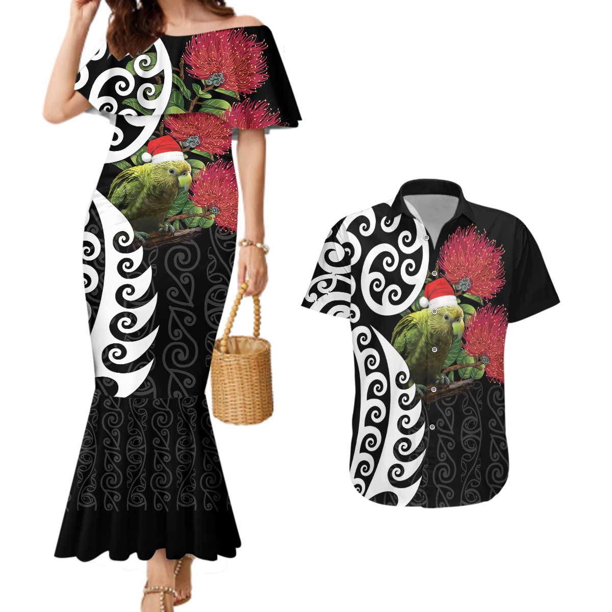 New Zealand Kakapo Christmas Couples Matching Mermaid Dress and Hawaiian Shirt Meri Kirihimete Pohutukawa Flowers LT9 Black - Polynesian Pride