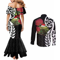 New Zealand Kakapo Christmas Couples Matching Mermaid Dress and Long Sleeve Button Shirt Meri Kirihimete Pohutukawa Flowers LT9 - Polynesian Pride