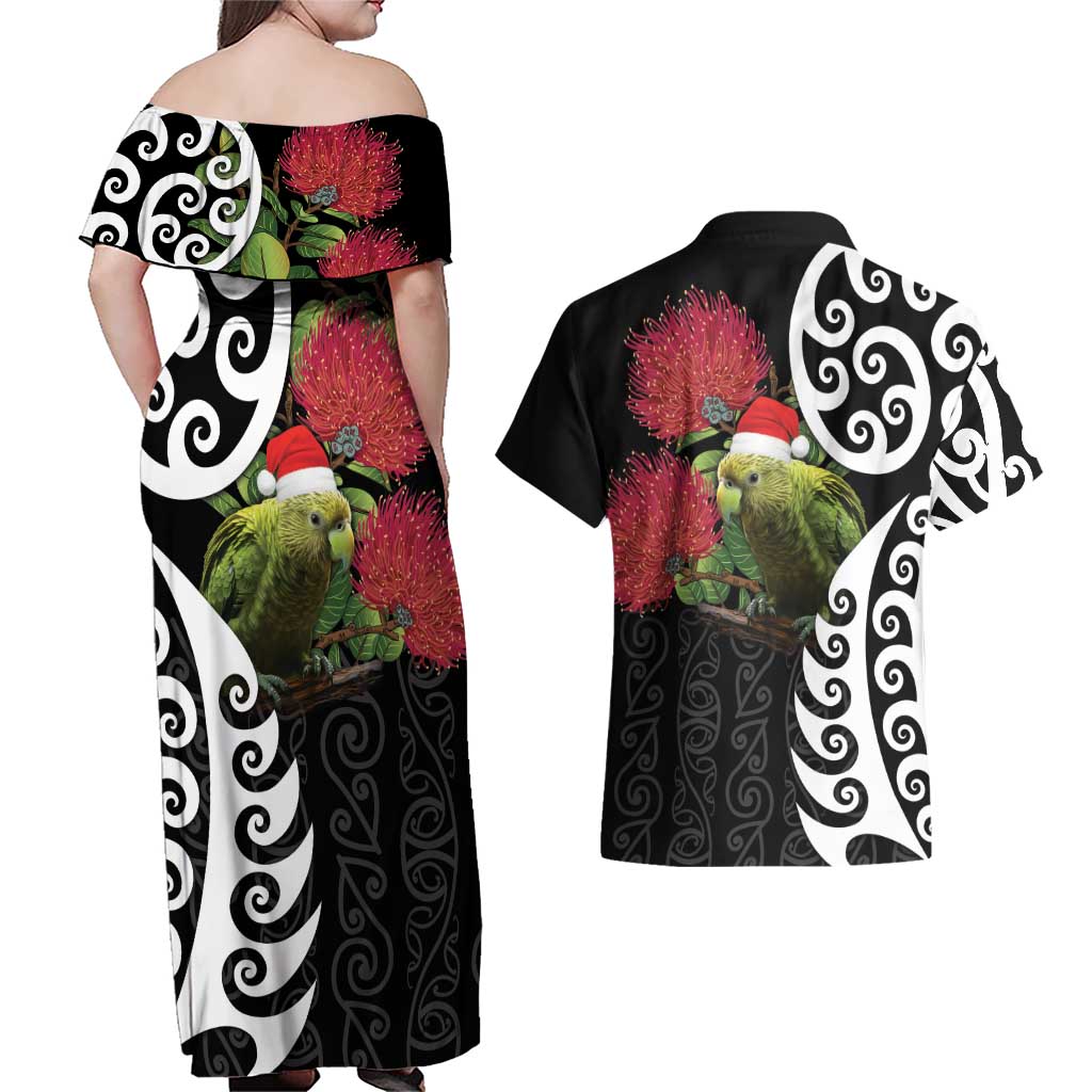 New Zealand Kakapo Christmas Couples Matching Off Shoulder Maxi Dress and Hawaiian Shirt Meri Kirihimete Pohutukawa Flowers LT9 - Polynesian Pride