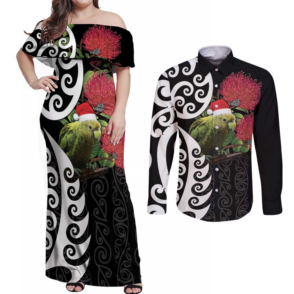 New Zealand Kakapo Christmas Couples Matching Off Shoulder Maxi Dress and Long Sleeve Button Shirt Meri Kirihimete Pohutukawa Flowers LT9 Black - Polynesian Pride