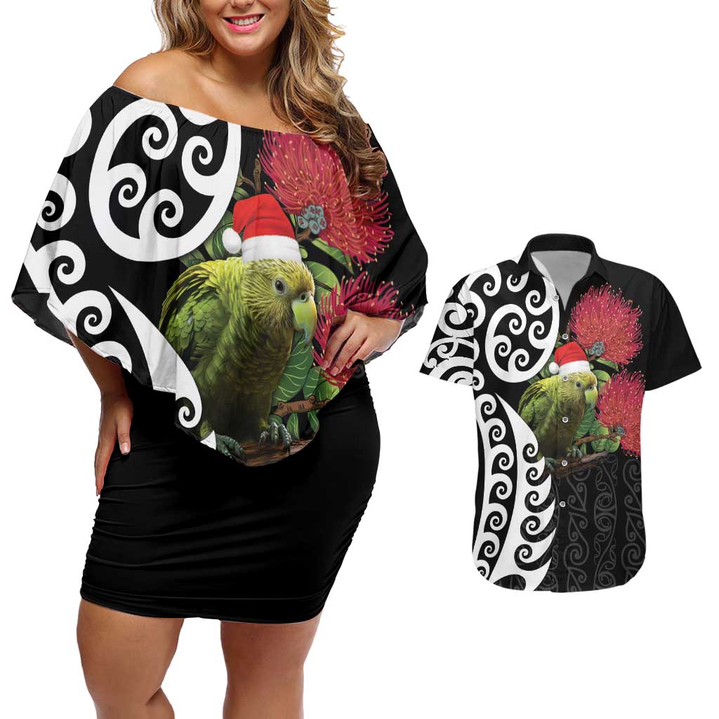 New Zealand Kakapo Christmas Couples Matching Off Shoulder Short Dress and Hawaiian Shirt Meri Kirihimete Pohutukawa Flowers LT9 Black - Polynesian Pride