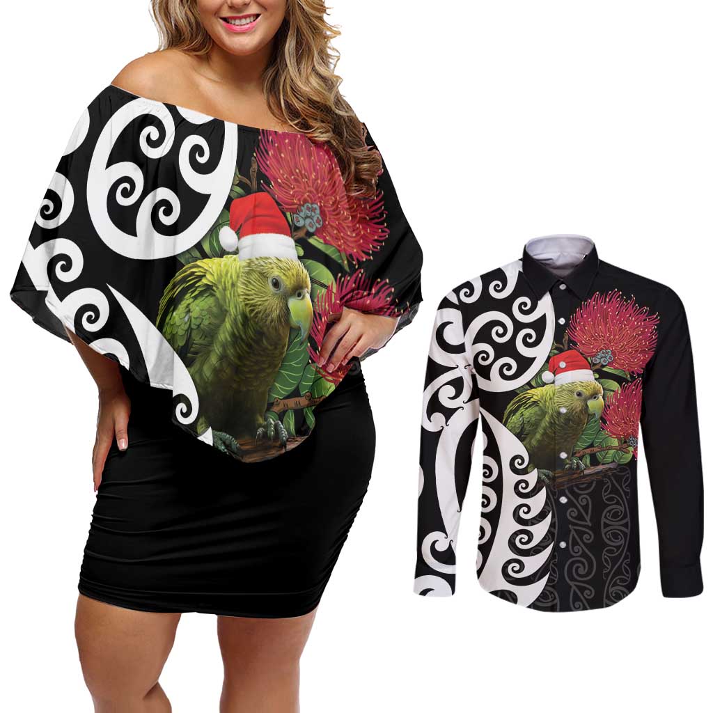 New Zealand Kakapo Christmas Couples Matching Off Shoulder Short Dress and Long Sleeve Button Shirt Meri Kirihimete Pohutukawa Flowers LT9 Black - Polynesian Pride