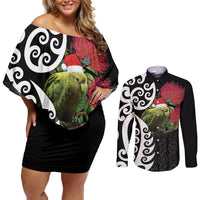 New Zealand Kakapo Christmas Couples Matching Off Shoulder Short Dress and Long Sleeve Button Shirt Meri Kirihimete Pohutukawa Flowers LT9 Black - Polynesian Pride