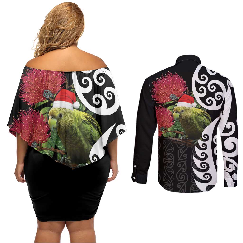 New Zealand Kakapo Christmas Couples Matching Off Shoulder Short Dress and Long Sleeve Button Shirt Meri Kirihimete Pohutukawa Flowers LT9 - Polynesian Pride
