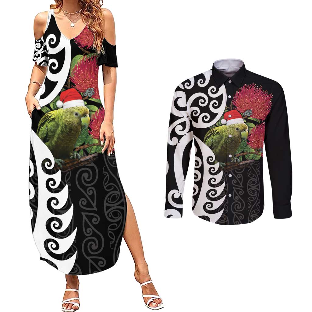 New Zealand Kakapo Christmas Couples Matching Summer Maxi Dress and Long Sleeve Button Shirt Meri Kirihimete Pohutukawa Flowers LT9 Black - Polynesian Pride