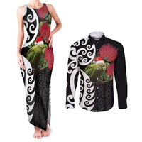 New Zealand Kakapo Christmas Couples Matching Tank Maxi Dress and Long Sleeve Button Shirt Meri Kirihimete Pohutukawa Flowers LT9 Black - Polynesian Pride