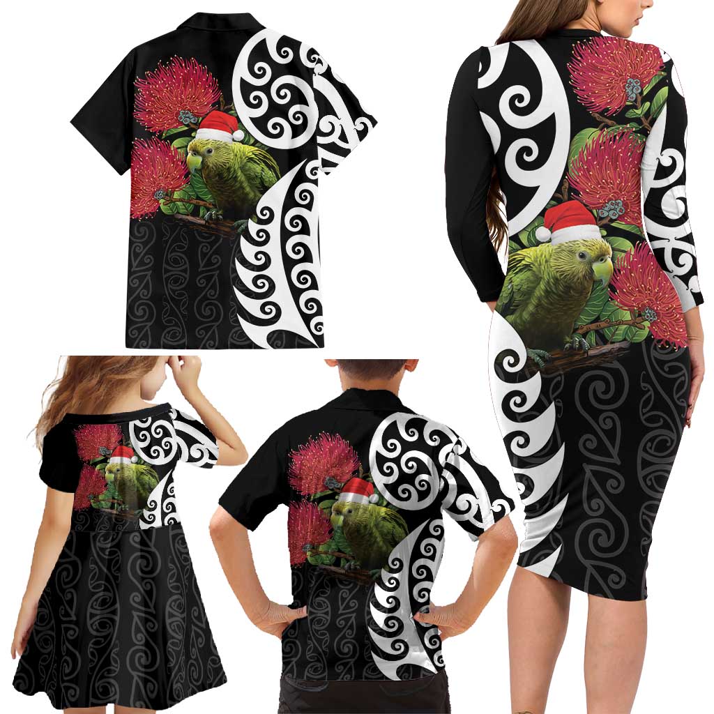 New Zealand Kakapo Christmas Family Matching Long Sleeve Bodycon Dress and Hawaiian Shirt Meri Kirihimete Pohutukawa Flowers LT9 - Polynesian Pride