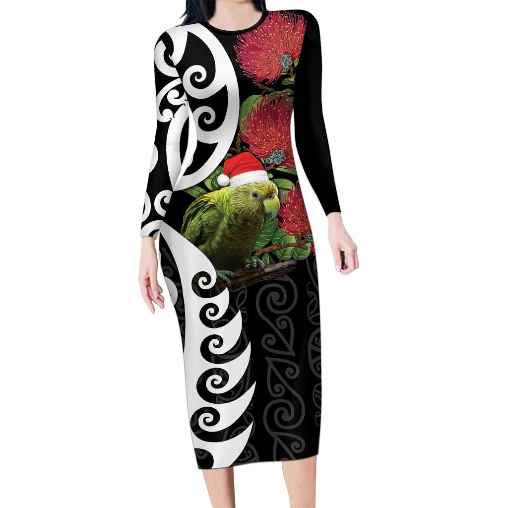 New Zealand Kakapo Christmas Family Matching Long Sleeve Bodycon Dress and Hawaiian Shirt Meri Kirihimete Pohutukawa Flowers LT9 Mom's Dress Black - Polynesian Pride