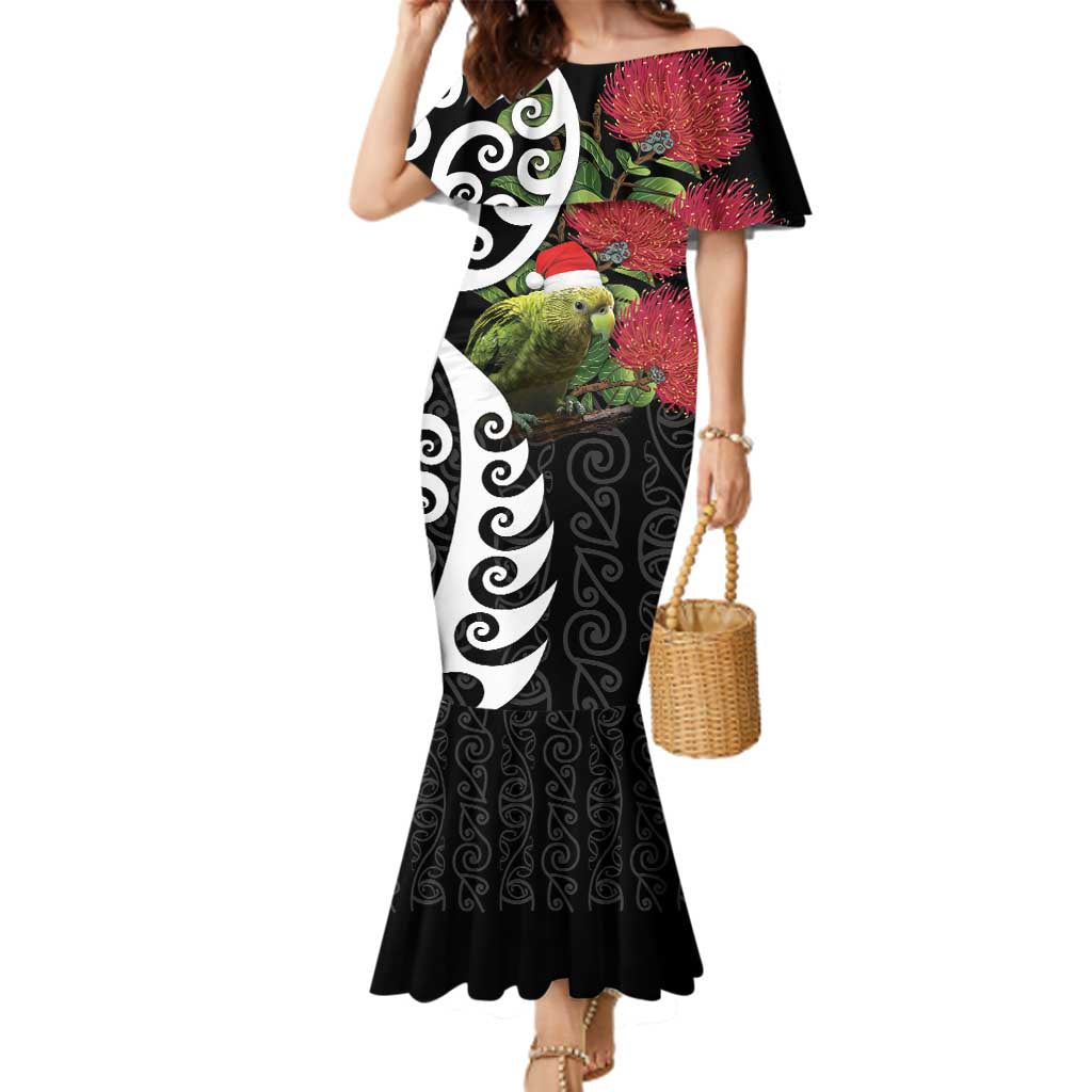 New Zealand Kakapo Christmas Family Matching Mermaid Dress and Hawaiian Shirt Meri Kirihimete Pohutukawa Flowers LT9 Mom's Dress Black - Polynesian Pride