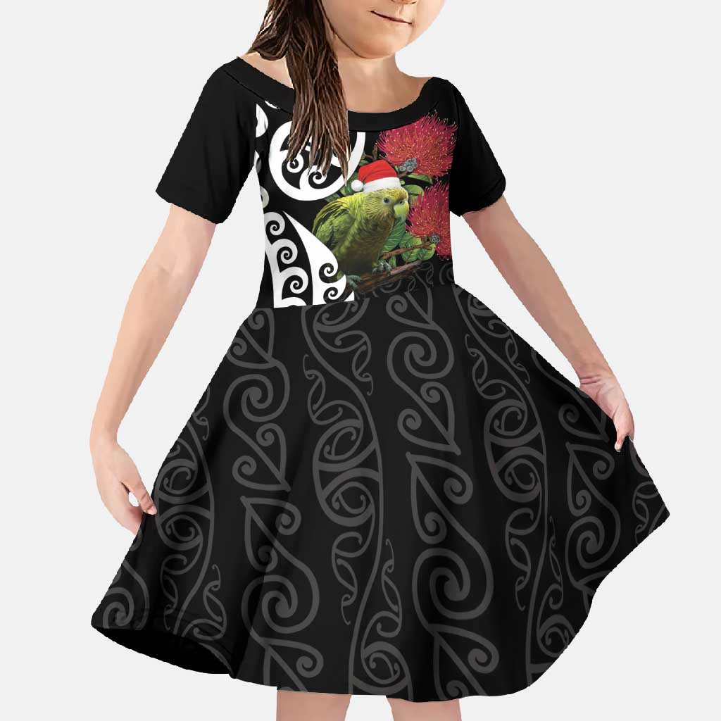 New Zealand Kakapo Christmas Family Matching Off Shoulder Maxi Dress and Hawaiian Shirt Meri Kirihimete Pohutukawa Flowers LT9 Daughter's Dress Black - Polynesian Pride