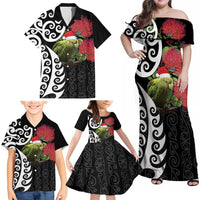 New Zealand Kakapo Christmas Family Matching Off Shoulder Maxi Dress and Hawaiian Shirt Meri Kirihimete Pohutukawa Flowers LT9 - Polynesian Pride