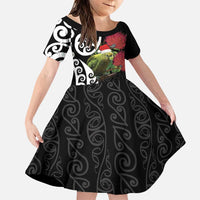 New Zealand Kakapo Christmas Family Matching Puletasi and Hawaiian Shirt Meri Kirihimete Pohutukawa Flowers LT9 Daughter's Dress Black - Polynesian Pride
