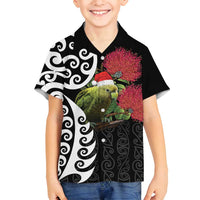 New Zealand Kakapo Christmas Family Matching Puletasi and Hawaiian Shirt Meri Kirihimete Pohutukawa Flowers LT9 Son's Shirt Black - Polynesian Pride