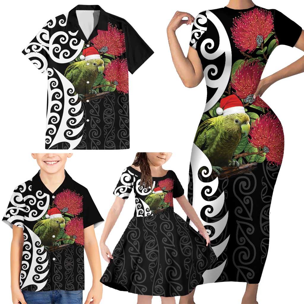 New Zealand Kakapo Christmas Family Matching Short Sleeve Bodycon Dress and Hawaiian Shirt Meri Kirihimete Pohutukawa Flowers LT9 - Polynesian Pride