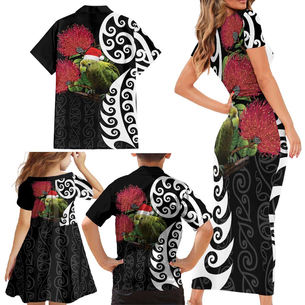 New Zealand Kakapo Christmas Family Matching Short Sleeve Bodycon Dress and Hawaiian Shirt Meri Kirihimete Pohutukawa Flowers LT9 - Polynesian Pride