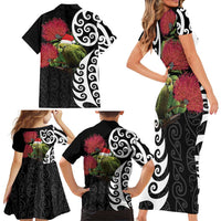 New Zealand Kakapo Christmas Family Matching Short Sleeve Bodycon Dress and Hawaiian Shirt Meri Kirihimete Pohutukawa Flowers LT9 - Polynesian Pride