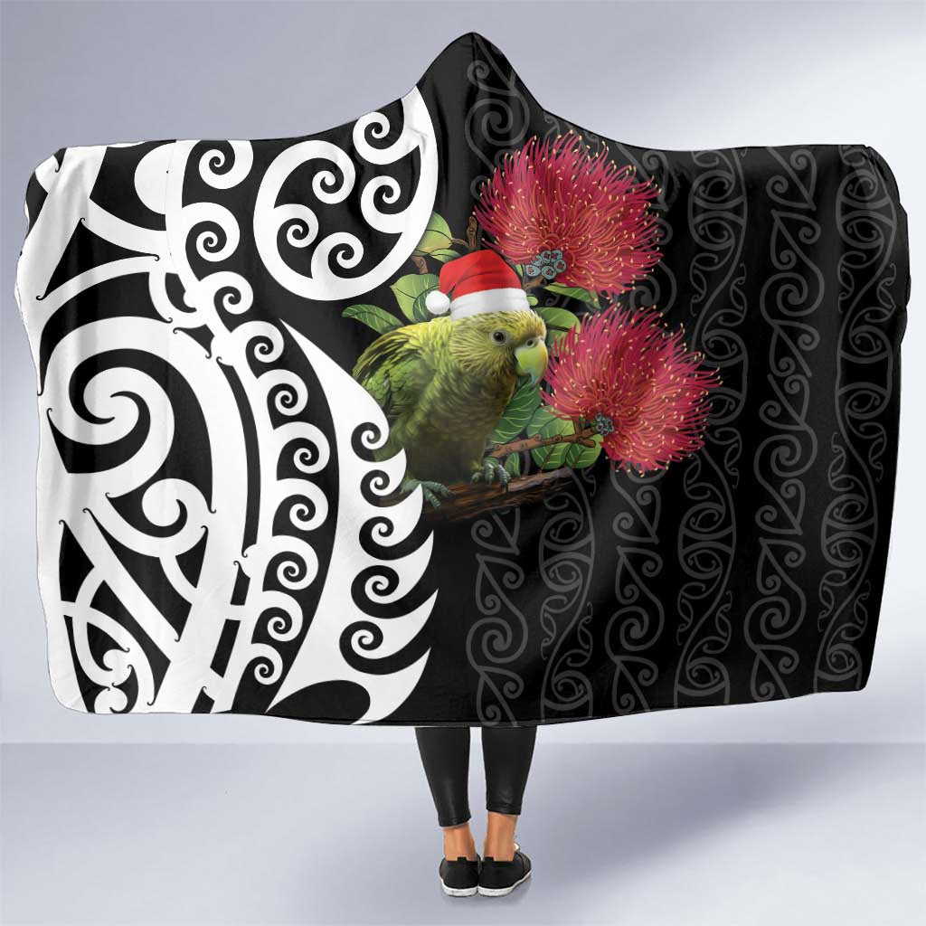 New Zealand Kakapo Christmas Hooded Blanket Meri Kirihimete Pohutukawa Flowers LT9 One Size Black - Polynesian Pride