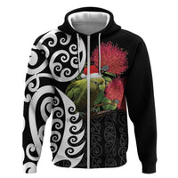 New Zealand Kakapo Christmas Hoodie Meri Kirihimete Pohutukawa Flowers LT9 Zip Hoodie Black - Polynesian Pride