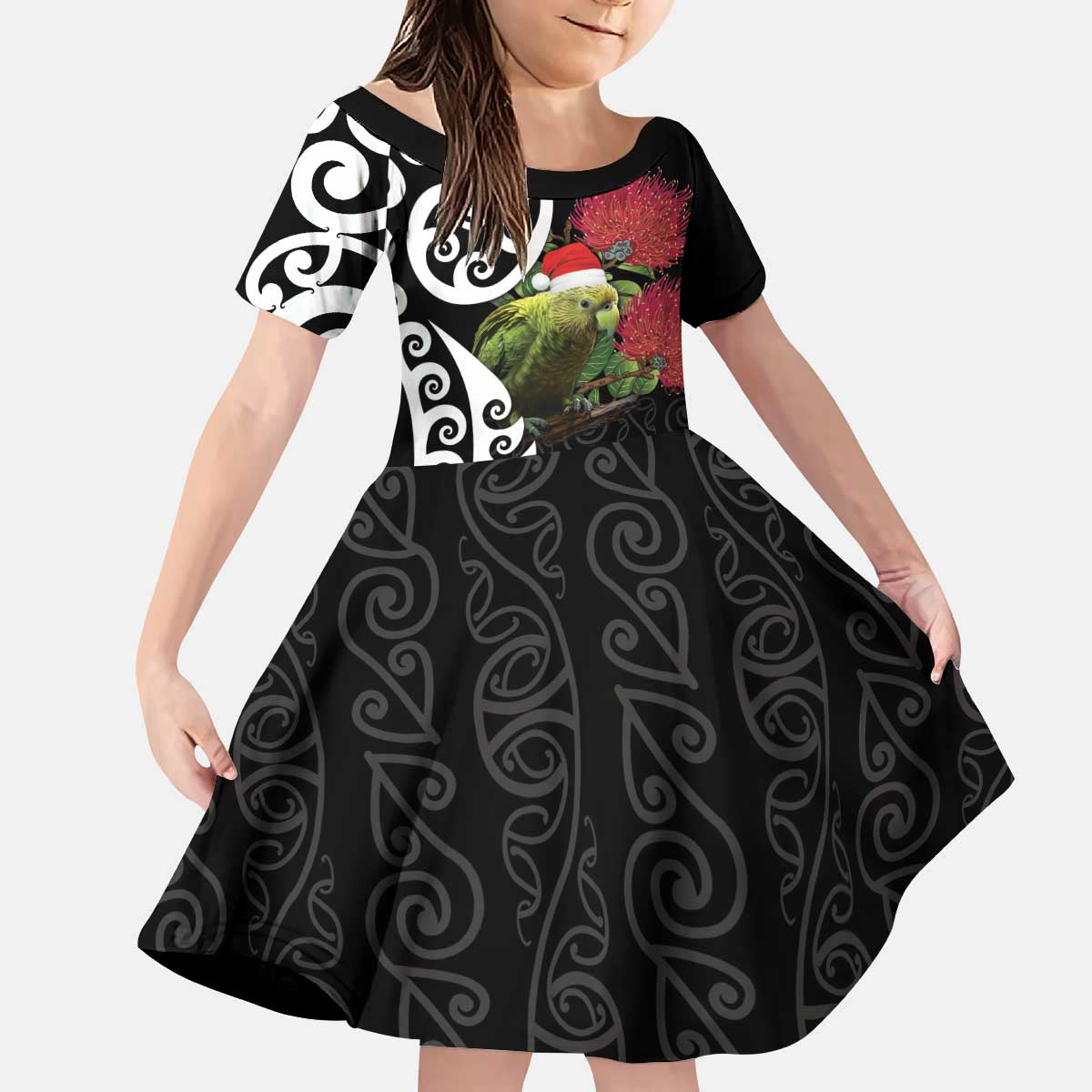 New Zealand Kakapo Christmas Kid Short Sleeve Dress Meri Kirihimete Pohutukawa Flowers LT9 KID Black - Polynesian Pride