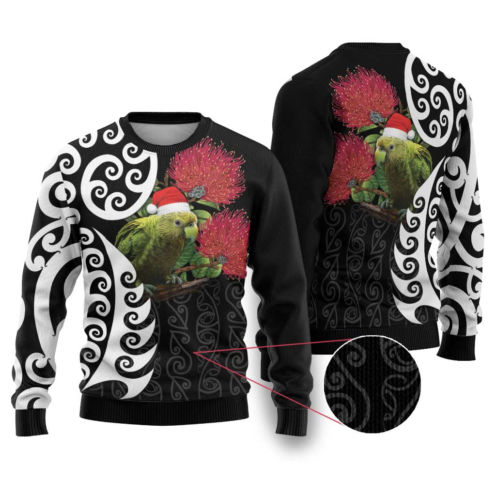 New Zealand Kakapo Christmas Ugly Christmas Sweater Meri Kirihimete Pohutukawa Flowers LT9 Black - Polynesian Pride