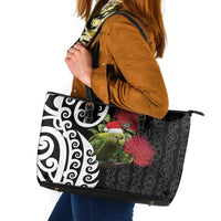 New Zealand Kakapo Christmas Leather Tote Bag Meri Kirihimete Pohutukawa Flowers LT9 Black - Polynesian Pride