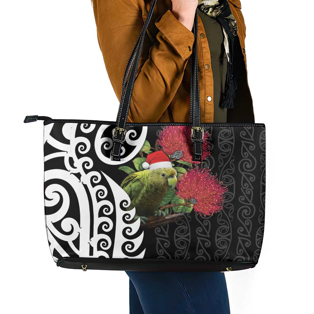 New Zealand Kakapo Christmas Leather Tote Bag Meri Kirihimete Pohutukawa Flowers LT9 - Polynesian Pride