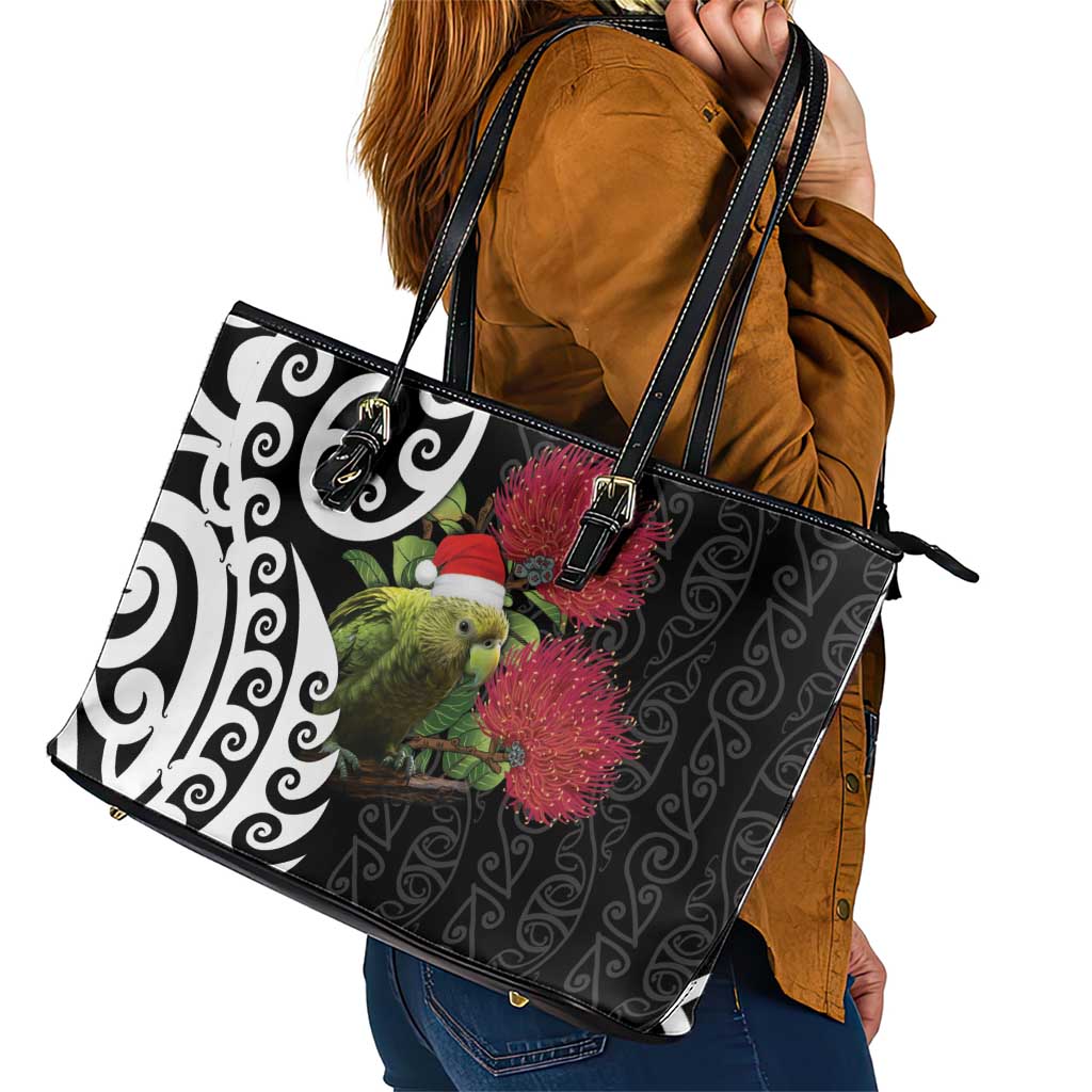 New Zealand Kakapo Christmas Leather Tote Bag Meri Kirihimete Pohutukawa Flowers LT9 - Polynesian Pride