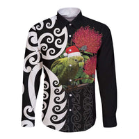 New Zealand Kakapo Christmas Long Sleeve Button Shirt Meri Kirihimete Pohutukawa Flowers LT9 Unisex Black - Polynesian Pride