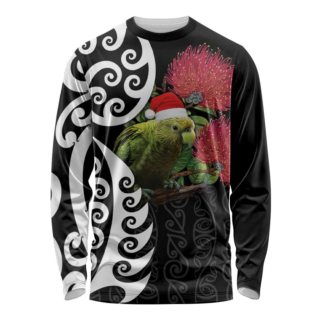 New Zealand Kakapo Christmas Long Sleeve Shirt Meri Kirihimete Pohutukawa Flowers LT9 Unisex Black - Polynesian Pride
