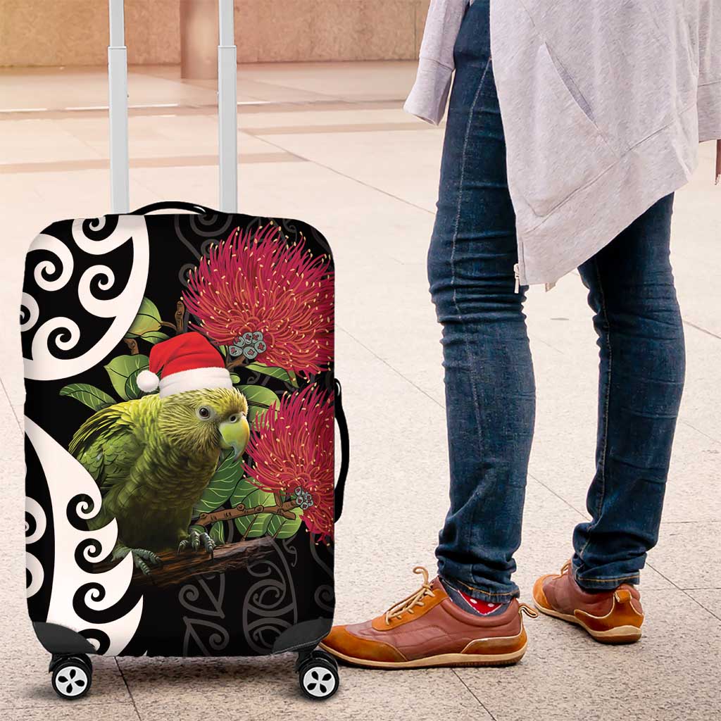 New Zealand Kakapo Christmas Luggage Cover Meri Kirihimete Pohutukawa Flowers LT9 Black - Polynesian Pride